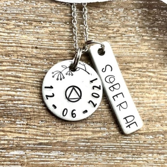 Sobriety Necklace -  Sober AF - Sobriety Gift - Recovery Gift - Hand Stamped - Picture 1 of 2